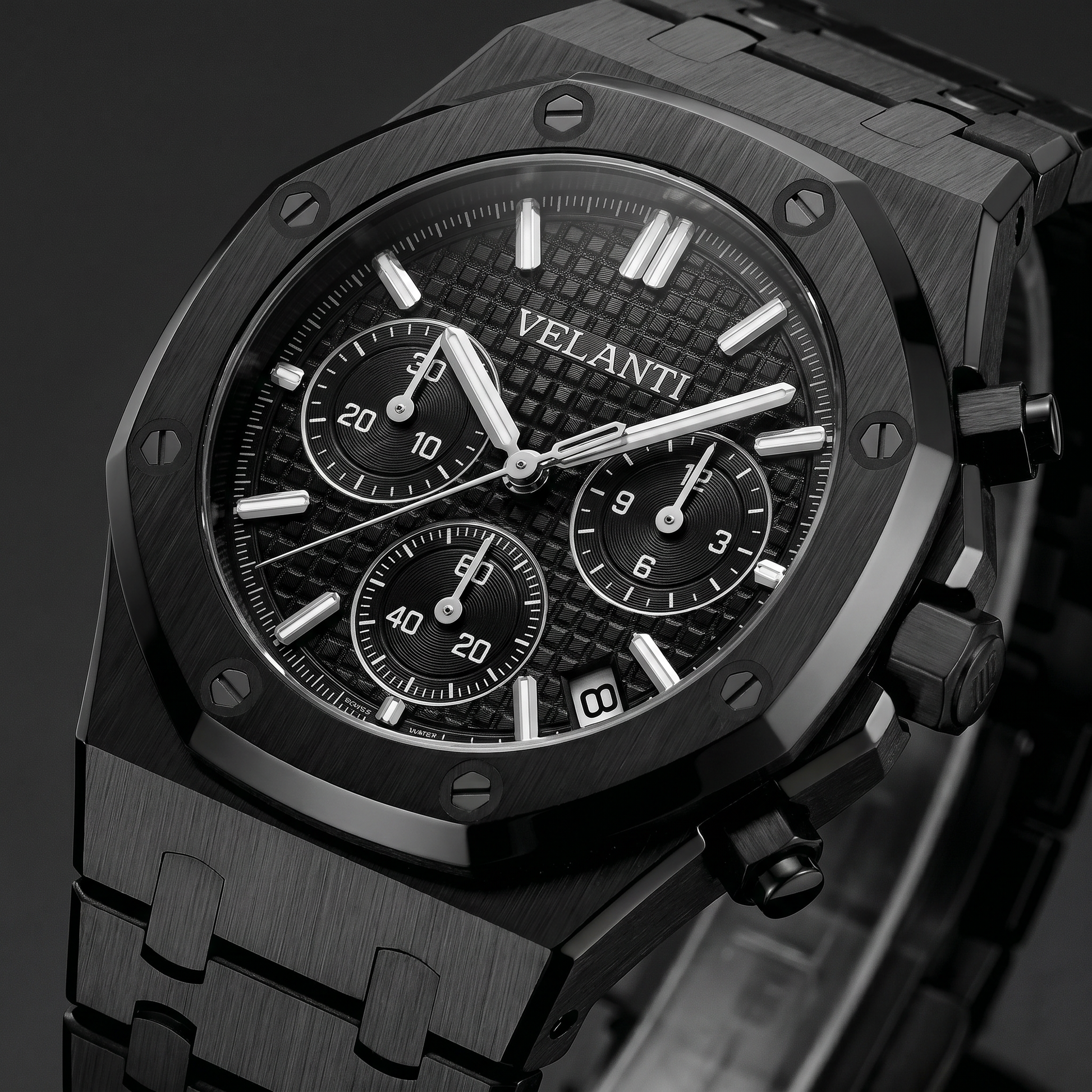 Royal Oak-style custom chronograph watch, Velanti Milano Royal Veloak Chrono Triple Black, watch detail photo 6