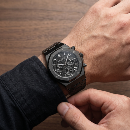 Royal Oak-style custom chronograph watch, Velanti Milano Royal Veloak Chrono Triple Black worn on wrist photo 7