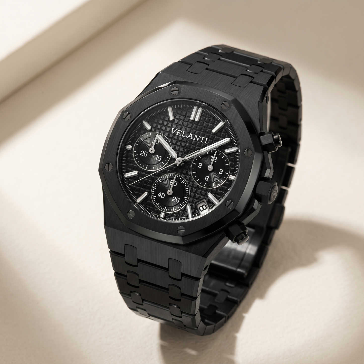 Royal Oak-style custom chronograph watch, Velanti Milano Royal Veloak Chrono Triple Black, watch detail photo 8