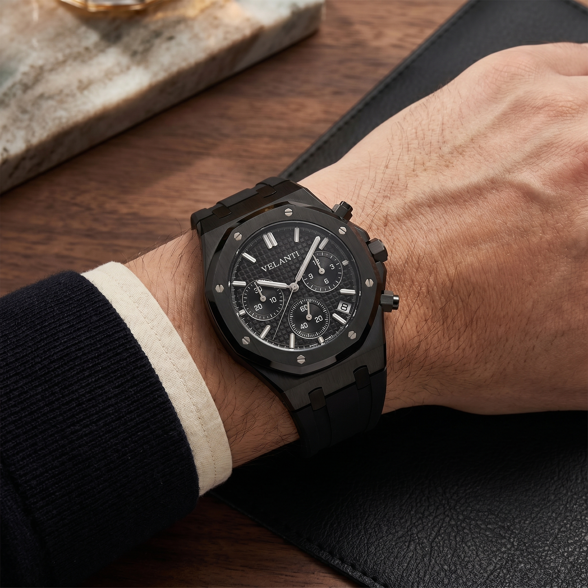 Royal Oak-style custom chronograph watch, Velanti Milano Royal Veloak Chrono Triple Black worn on wrist photo 11