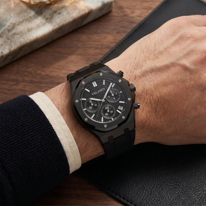 Royal Oak-style custom chronograph watch, Velanti Milano Royal Veloak Chrono Triple Black worn on wrist photo 11