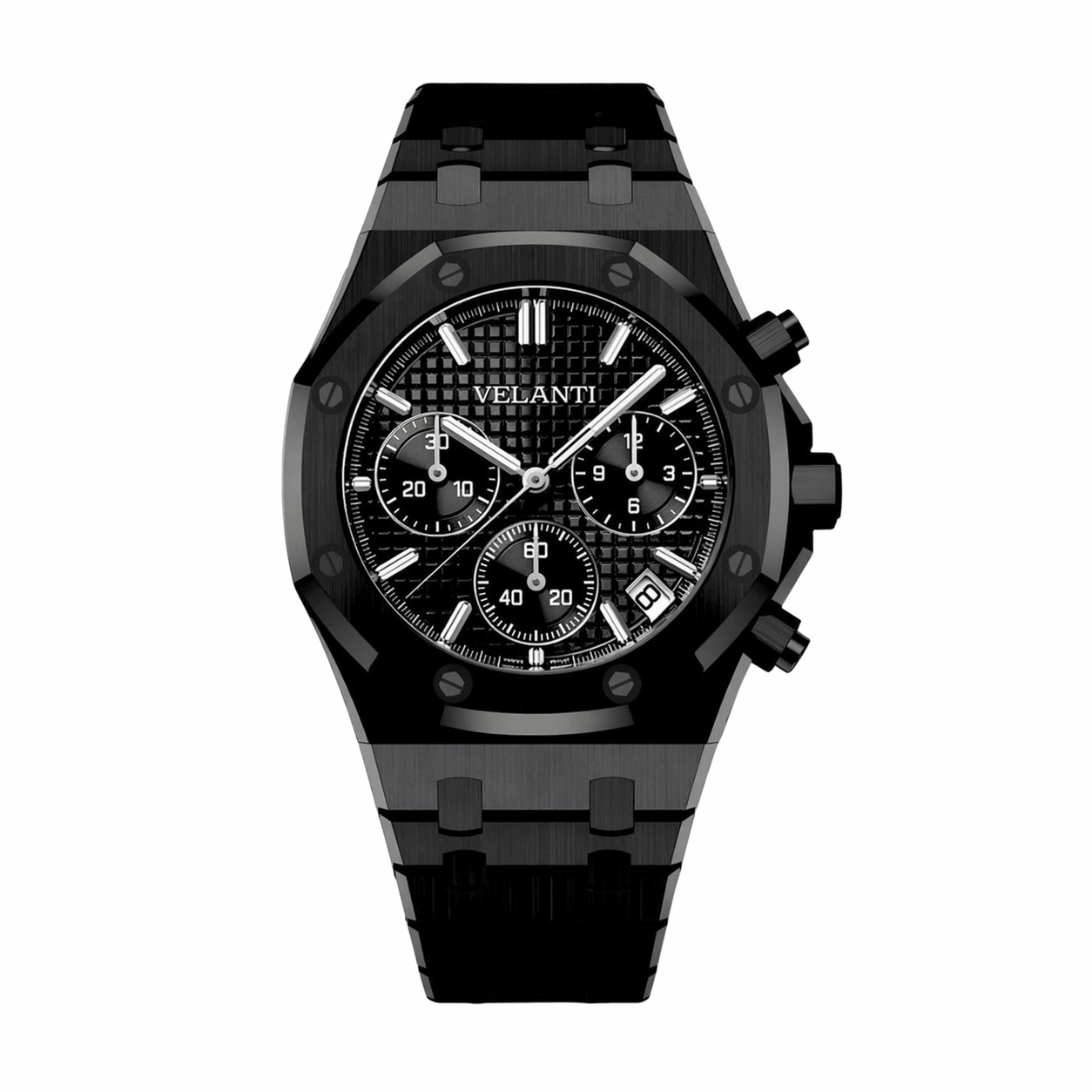 Royal Oak-style custom chronograph watch, Velanti Milano Royal Veloak Chrono Triple Black, main product photo
