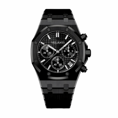 Royal Oak-style custom chronograph watch, Velanti Milano Royal Veloak Chrono Triple Black, main product photo