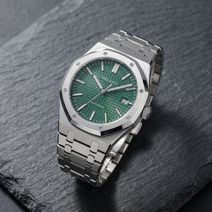 Royal Oak-style custom automatic watch, Velanti Milano Royal Veloak Green, bracelet detail photo