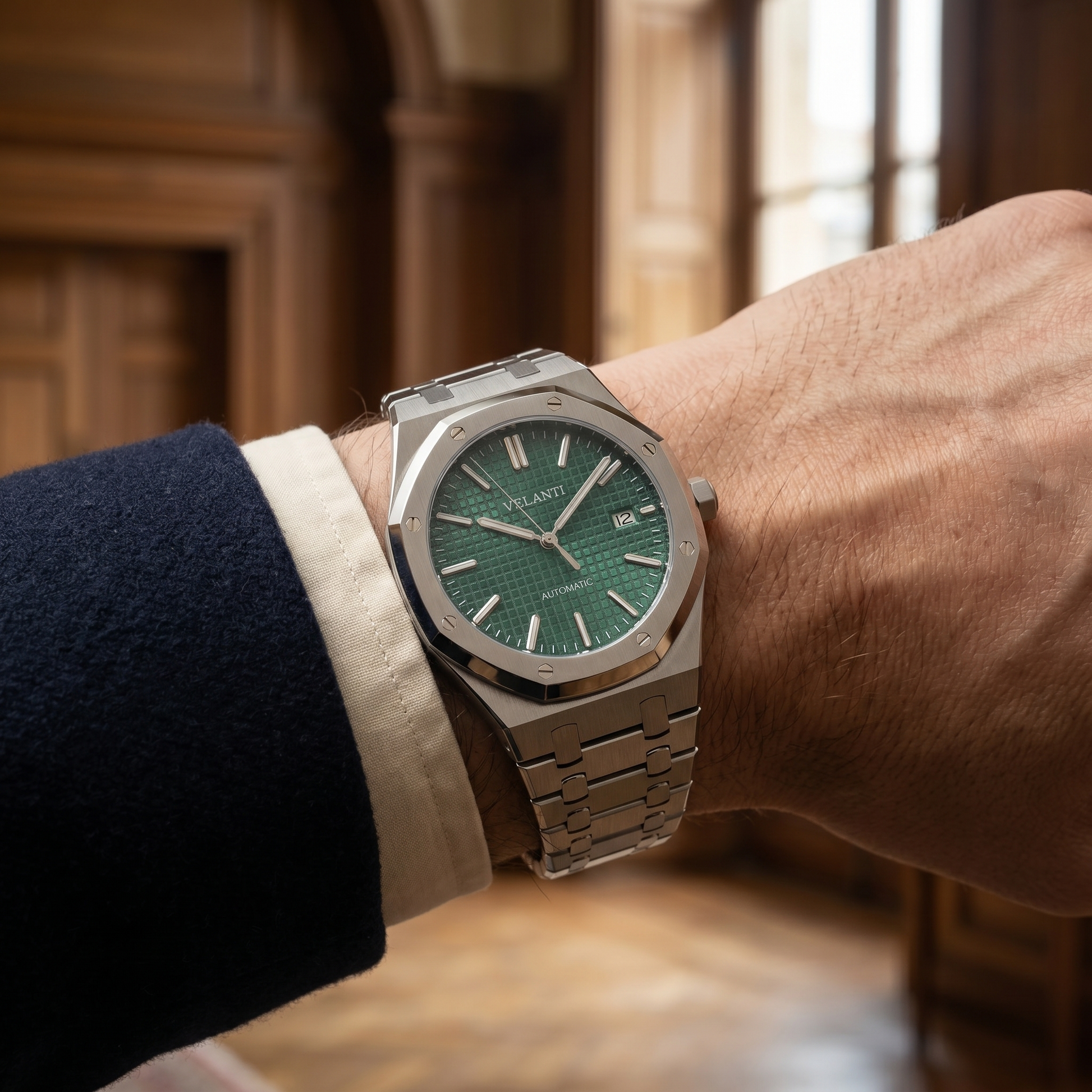 Royal Oak-style custom mod watch, Velanti Milano Royal Veloak Green, product photo 9