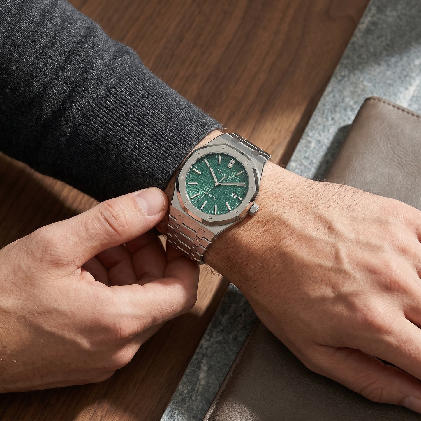 Royal Oak-style custom mod watch, Velanti Milano Royal Veloak Green worn on wrist photo 11