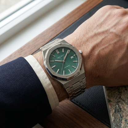 Royal Oak-style custom mod watch, Velanti Milano Royal Veloak Green worn on wrist photo 12
