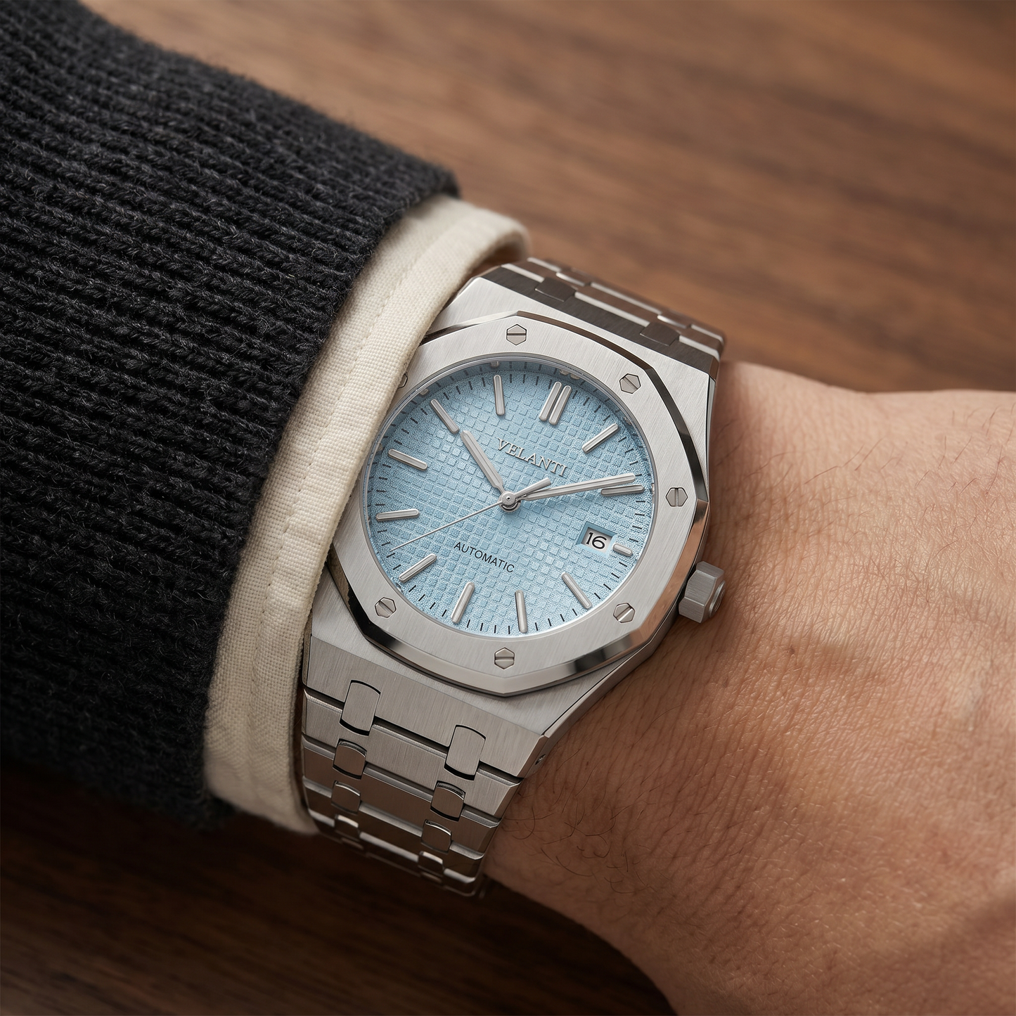 Royal Oak-style custom mod watch, Velanti Milano Royal Veloak Ice Blue, product photo 3