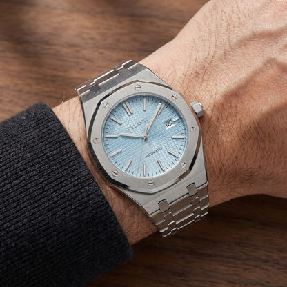 Royal Oak-style custom mod watch, Velanti Milano Royal Veloak Ice Blue worn on wrist photo 4