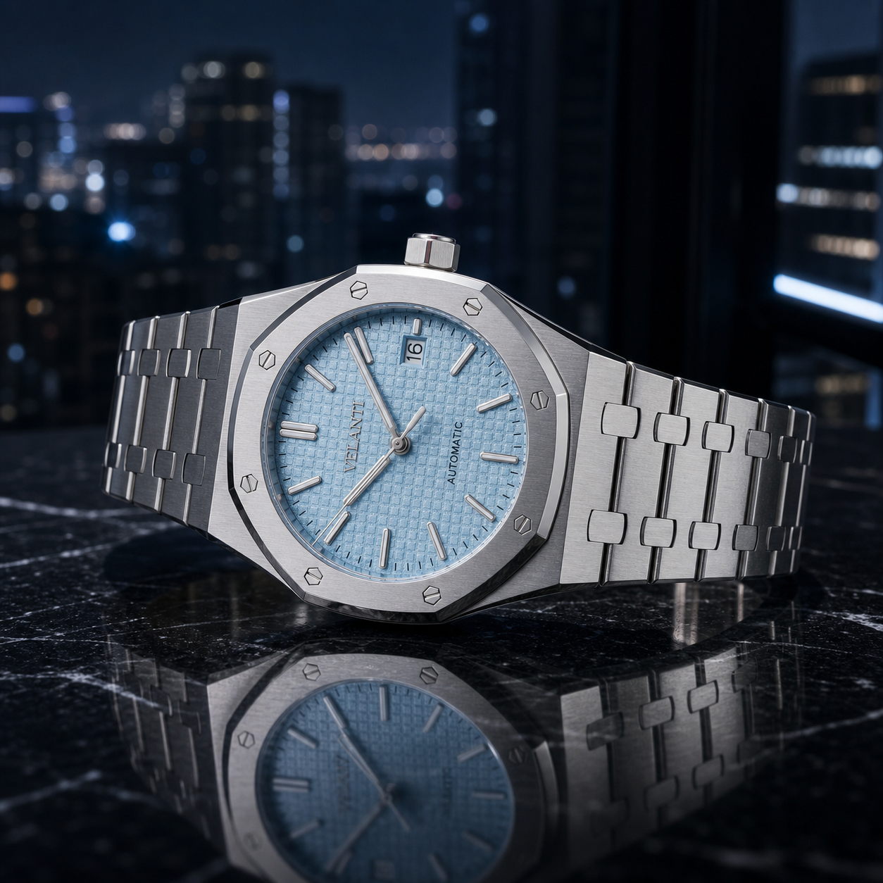 Royal Oak-style custom mod watch, Velanti Milano Royal Veloak Ice Blue, product photo 10