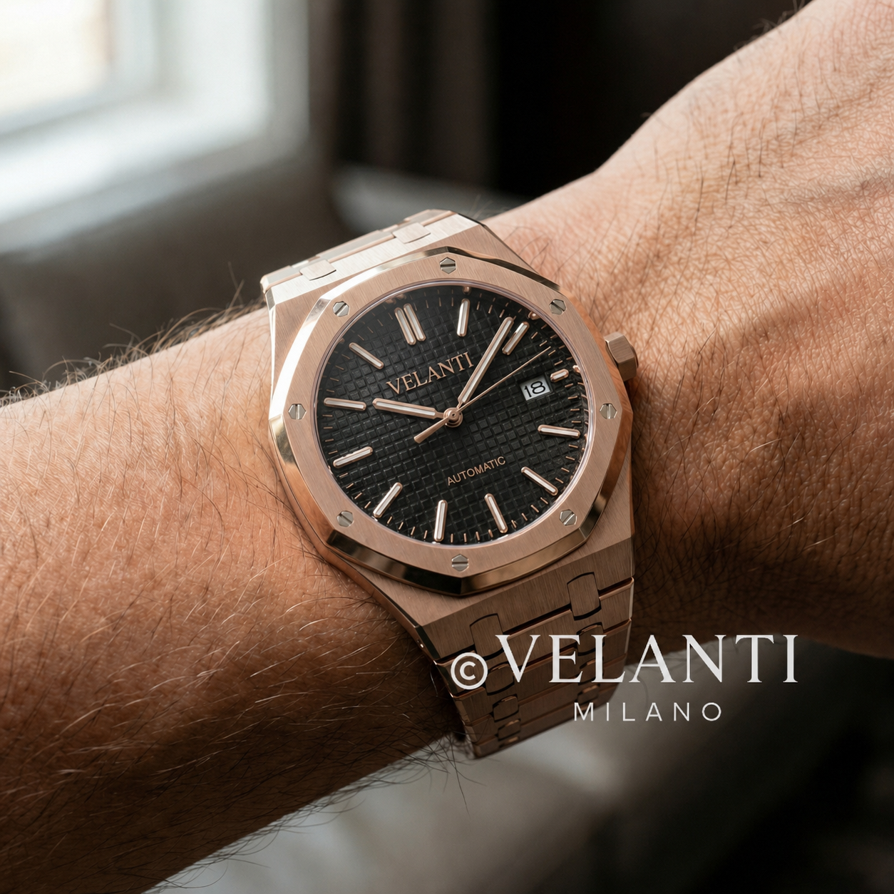 Royal Oak-style custom mod watch, Velanti Milano Royal Veloak Rose Gold Black, product photo 2