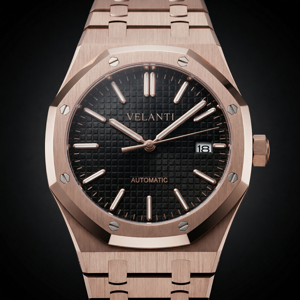 Royal Oak-style custom mod watch, Velanti Milano Royal Veloak Rose Gold Black, product photo 3