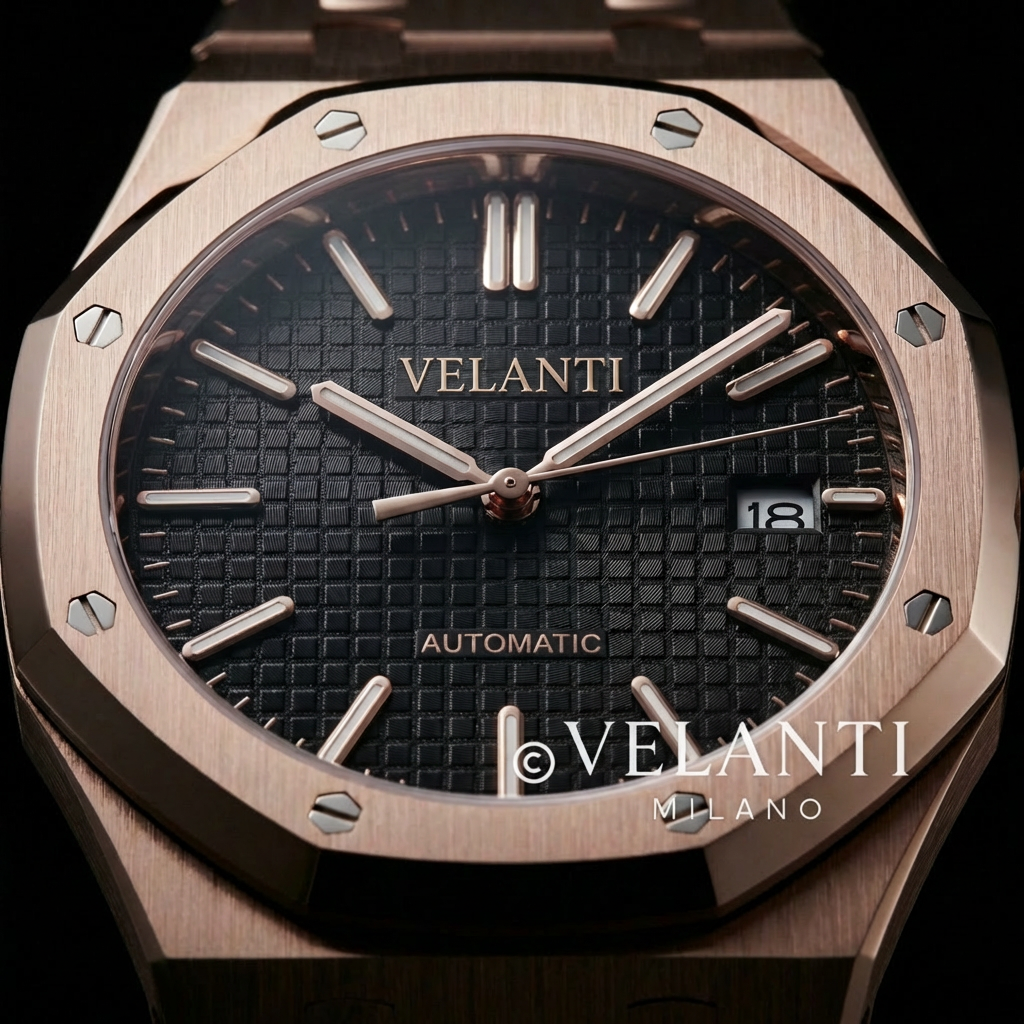 Royal Oak-style custom mod watch, Velanti Milano Royal Veloak Rose Gold Black, product photo 5