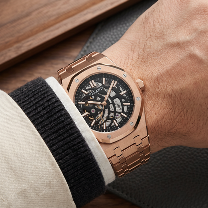 Royal Oak-style custom mod watch, Velanti Milano Royal Veloak Rose Gold Skeleton, product photo 6