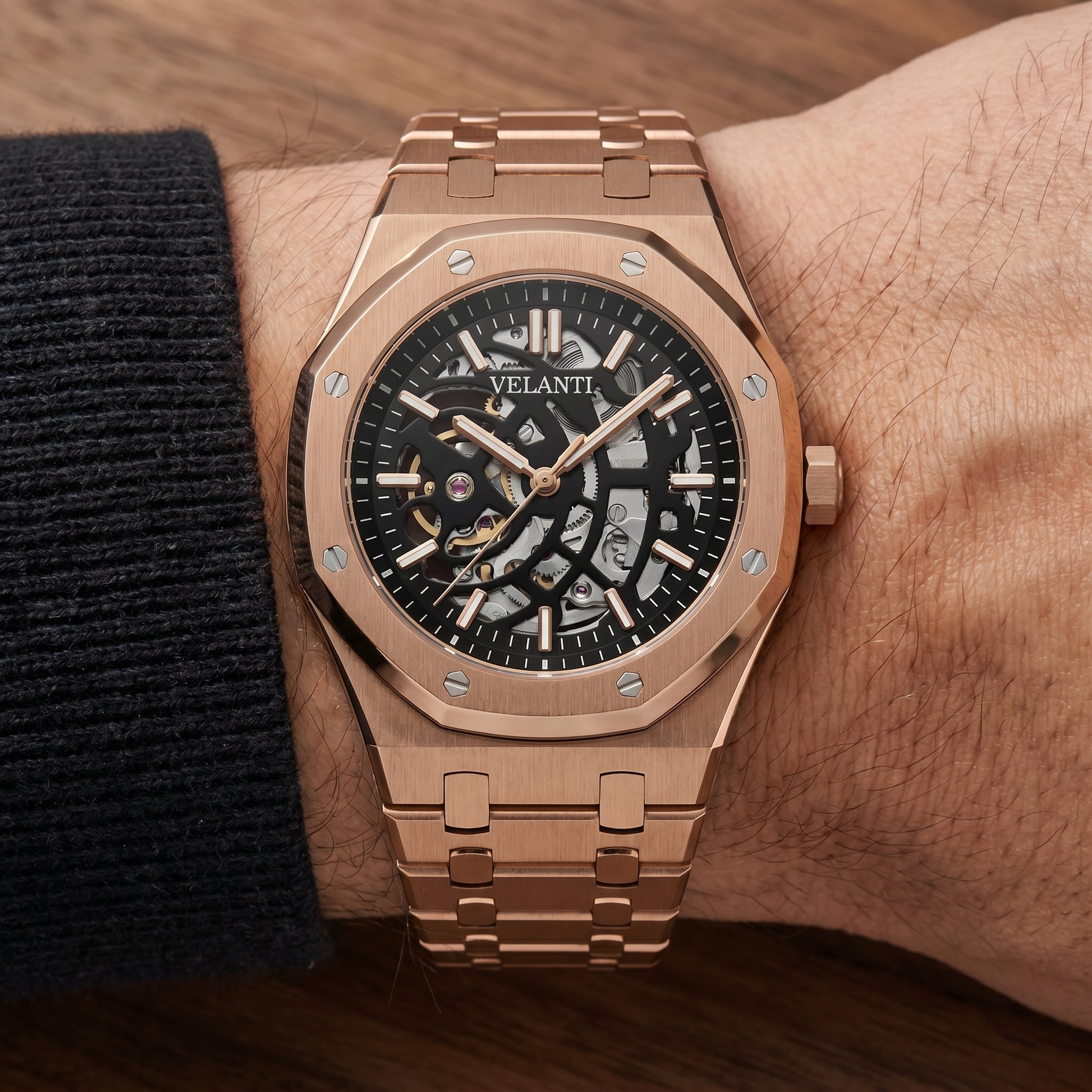 Royal Oak-style custom mod watch, Velanti Milano Royal Veloak Rose Gold Skeleton worn on wrist photo 7