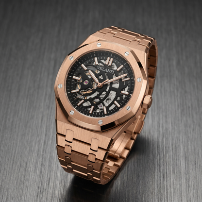 Royal Oak-style custom automatic watch, Velanti Milano Royal Veloak Rose Gold Skeleton, bracelet detail photo