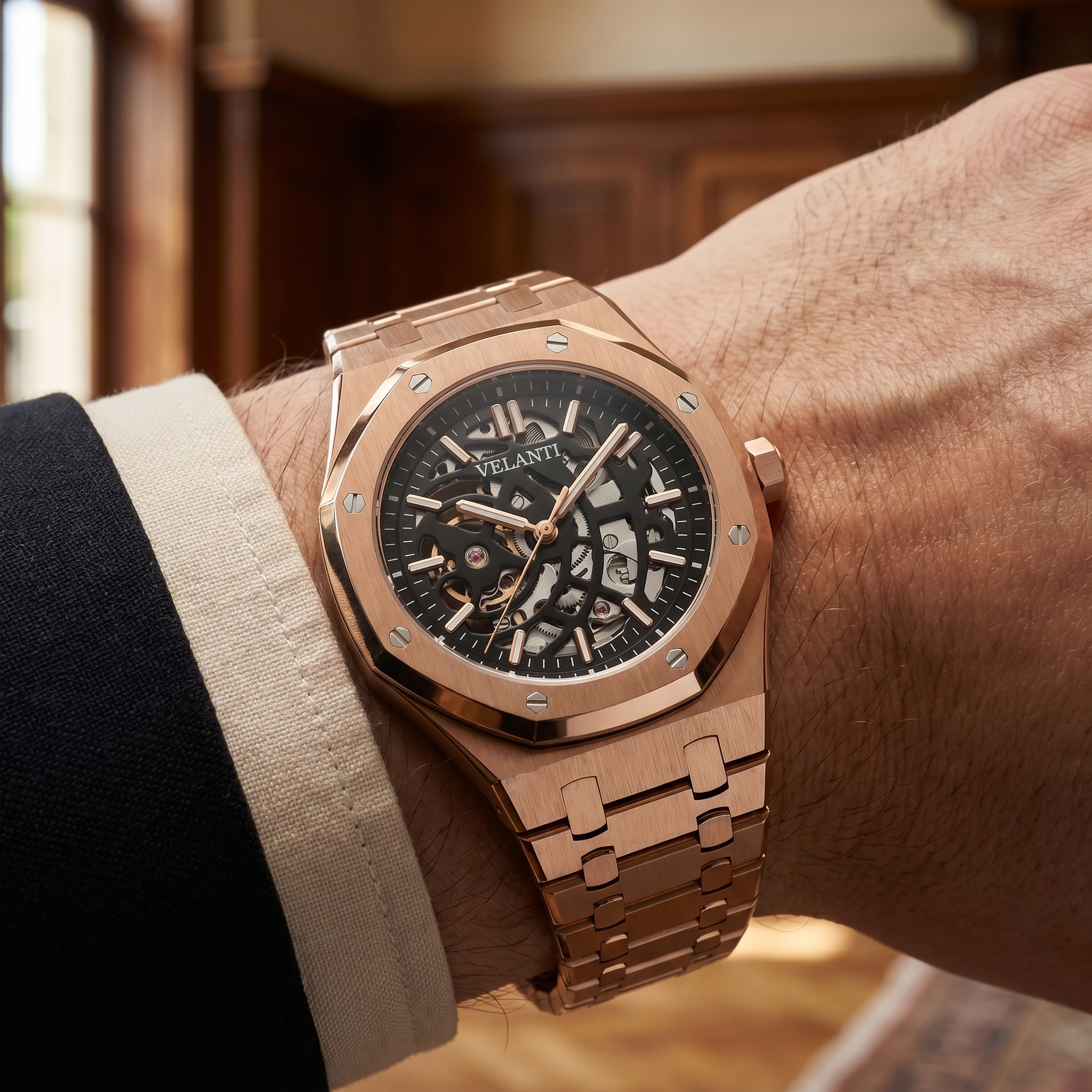 Royal Oak-style custom mod watch, Velanti Milano Royal Veloak Rose Gold Skeleton, product photo 9