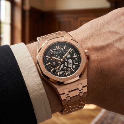 Royal Oak-style custom mod watch, Velanti Milano Royal Veloak Rose Gold Skeleton, product photo 9