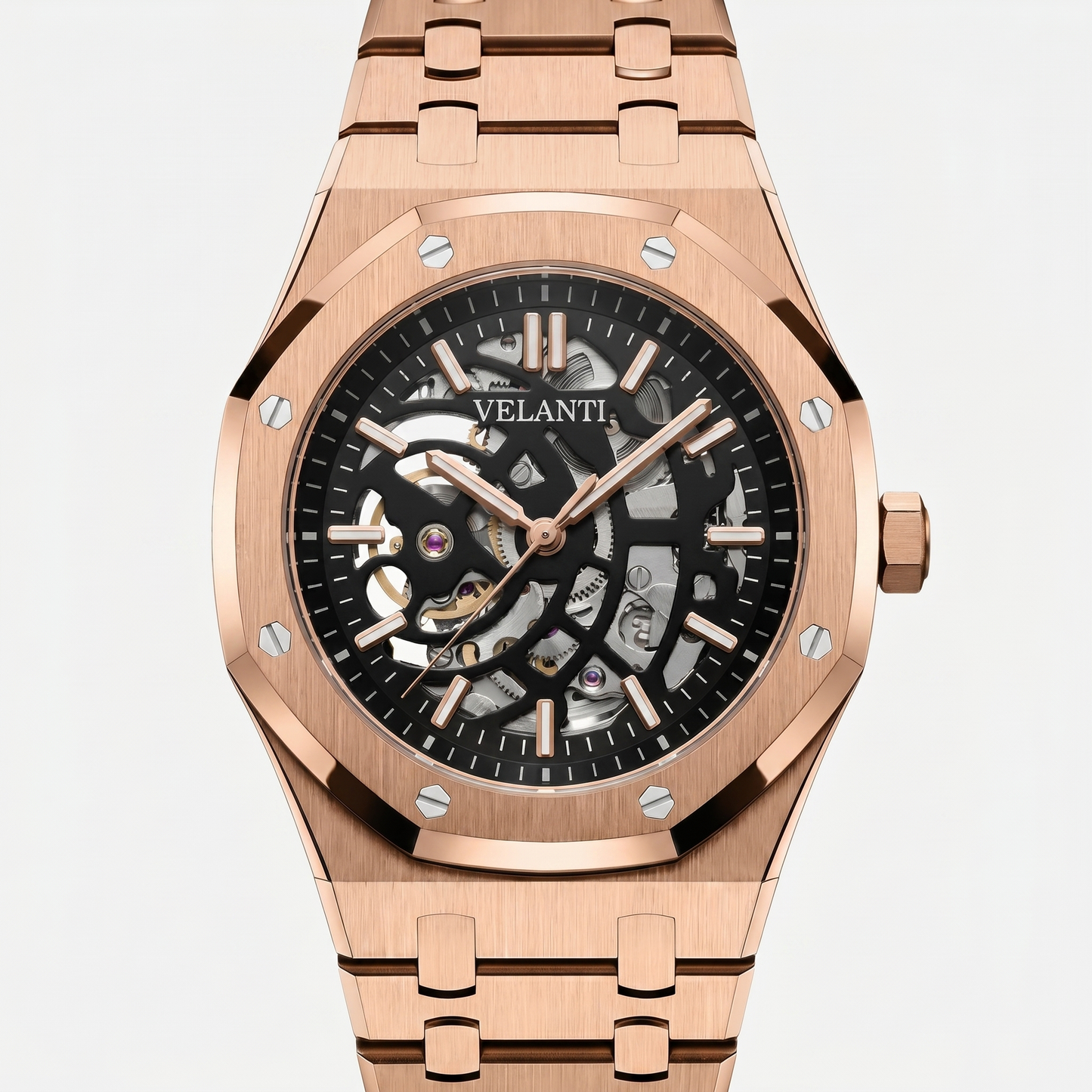 Royal Oak-style custom automatic watch, Velanti Milano Royal Veloak Rose Gold Skeleton, watch detail photo