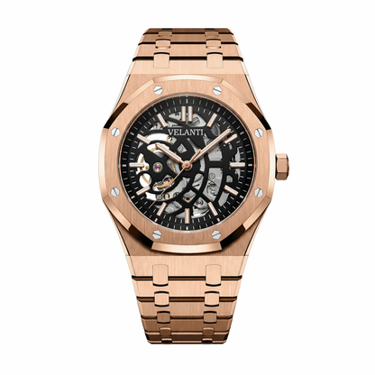 Royal Oak-style custom mod watch, Velanti Milano Royal Veloak Rose Gold Skeleton, main product photo