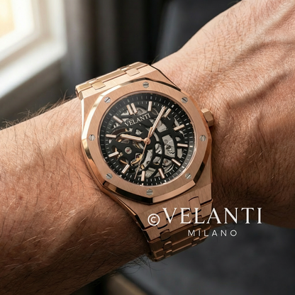 Royal Oak-style custom mod watch, Velanti Milano Royal Veloak Rose Gold Skeleton, product photo 2