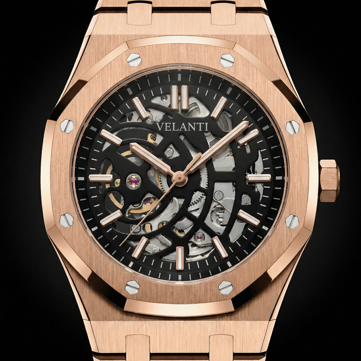 Royal Oak-style custom mod watch, Velanti Milano Royal Veloak Rose Gold Skeleton, product photo 3