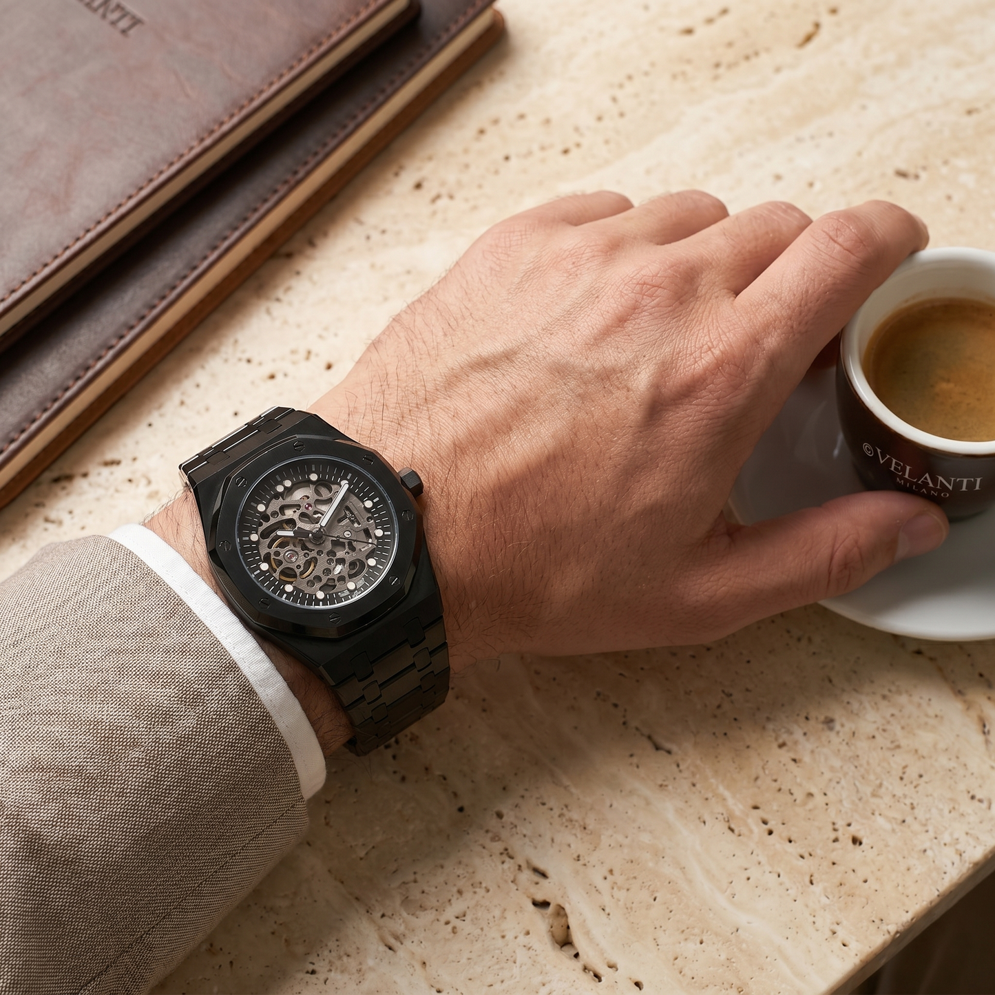 Royal Oak-style custom mod watch, Velanti Milano Royal Veloak Skeleton Full Black worn on wrist