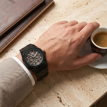 Royal Oak-style custom mod watch, Velanti Milano Royal Veloak Skeleton Full Black worn on wrist