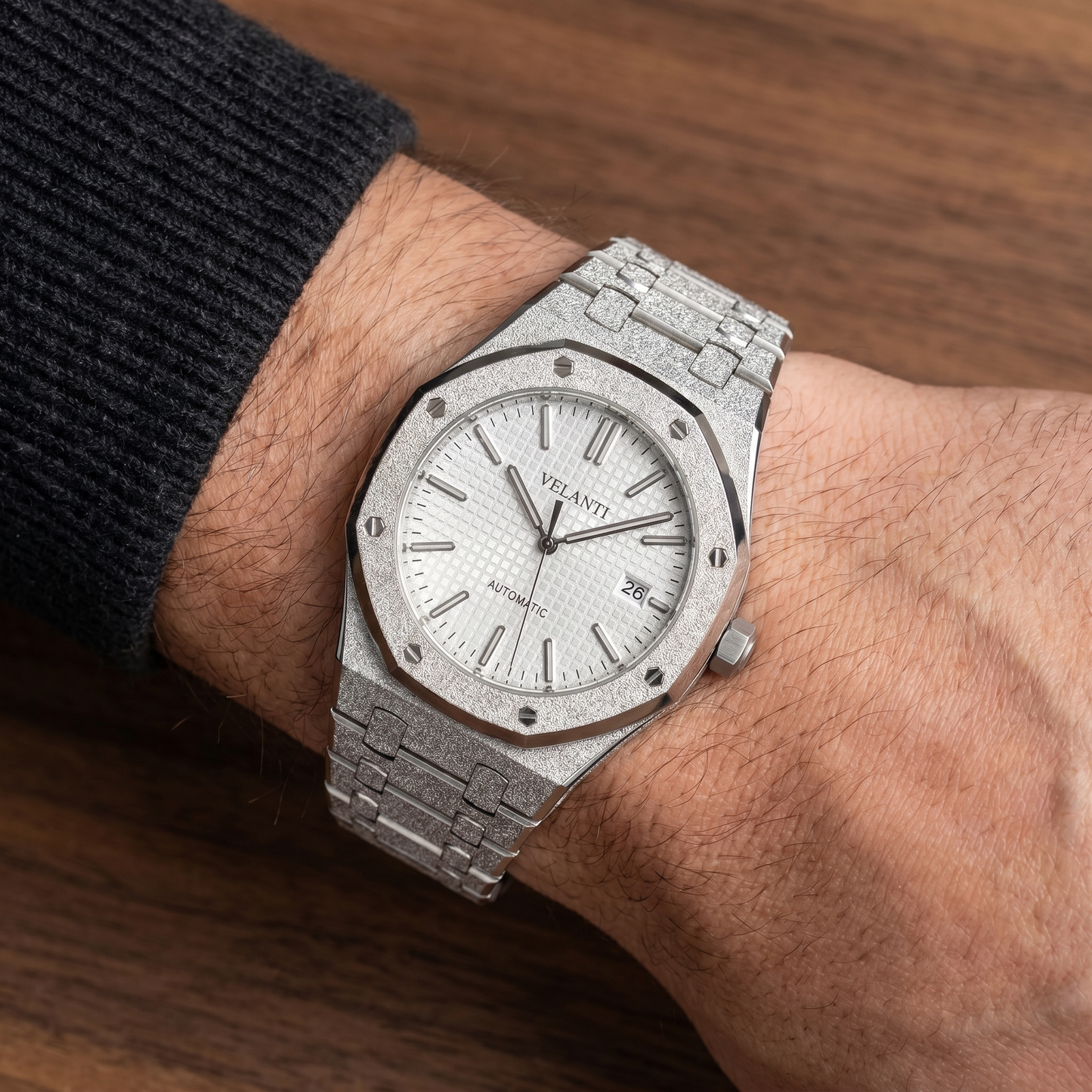 Royal Oak-style custom mod watch, Velanti Milano Royal Veloak White Iced Out worn on wrist