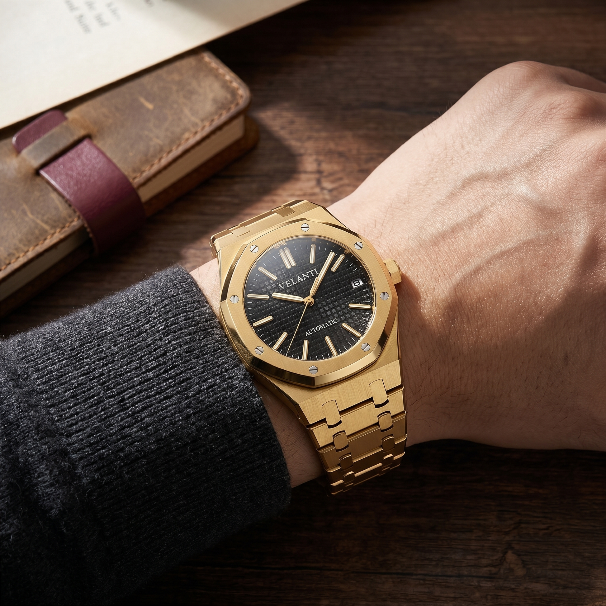 Royal Oak-style custom mod watch, Velanti Milano Royal Veloak Yellow Gold, product photo 3