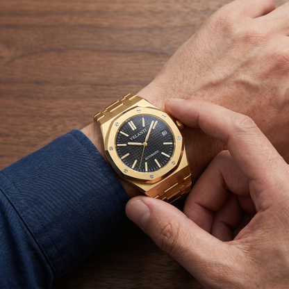 Royal Oak-style custom mod watch, Velanti Milano Royal Veloak Yellow Gold worn on wrist photo 6