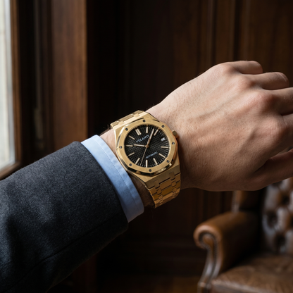 Royal Oak-style custom mod watch, Velanti Milano Royal Veloak Yellow Gold worn on wrist photo 4