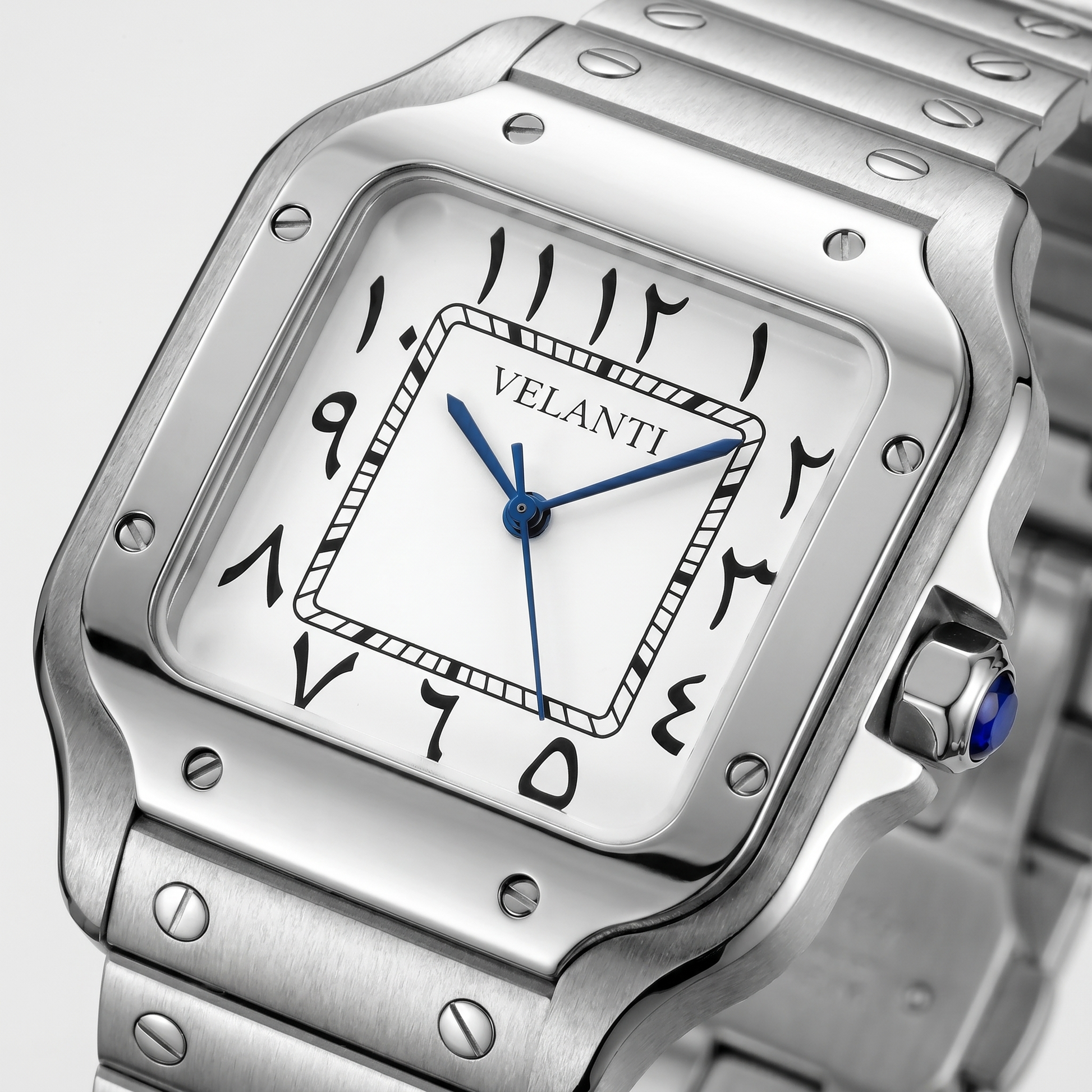 Santos-style automatic watch, Velanti Milano Santvel Arabic White, watch detail photo 7