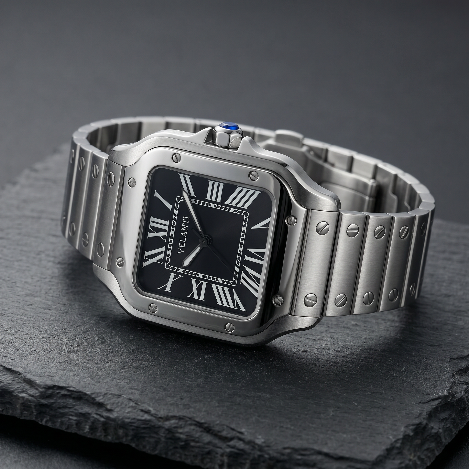 Santos-style automatic watch, Velanti Milano Santvel Black, bracelet detail photo