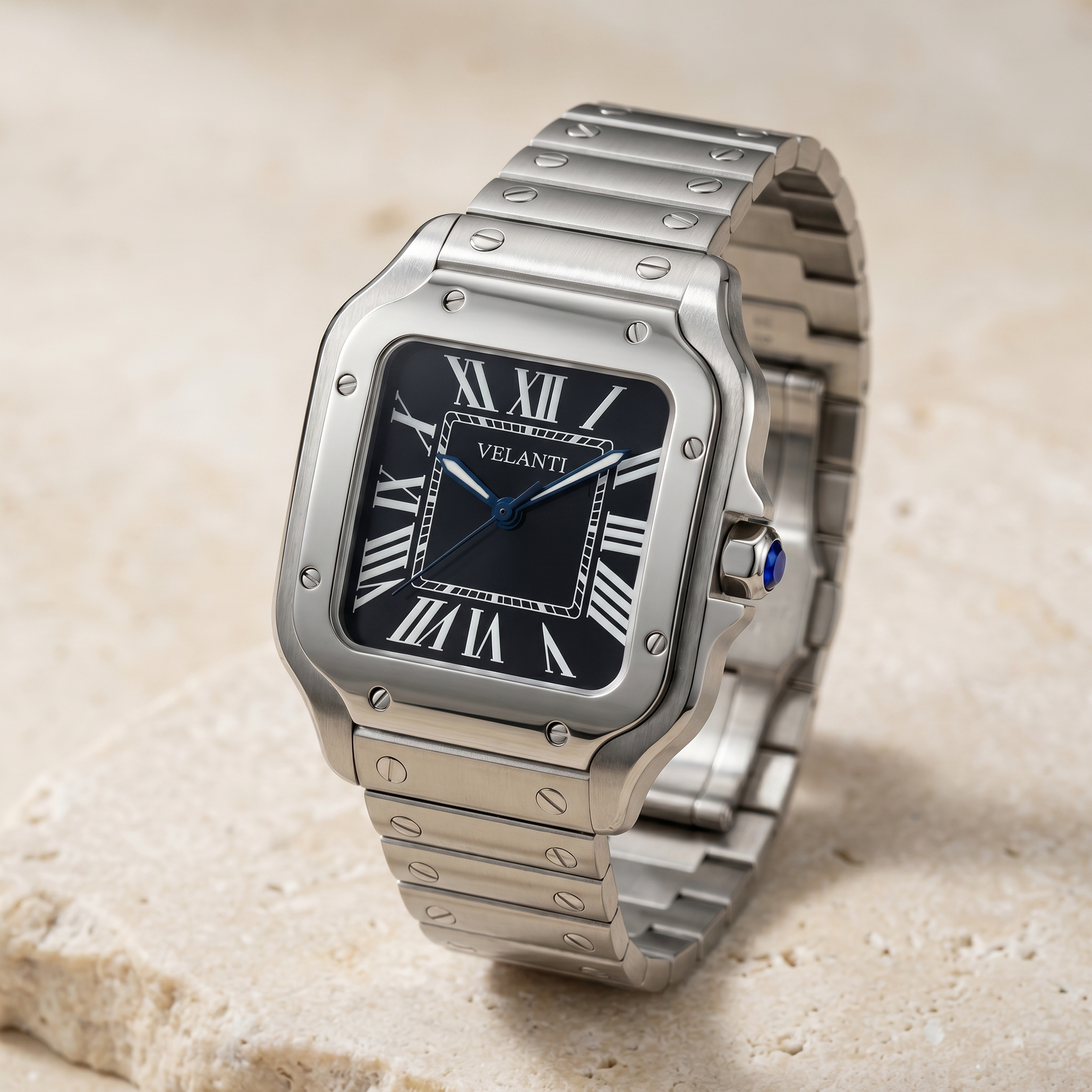 Santos-style automatic watch, Velanti Milano Santvel Black, watch detail photo