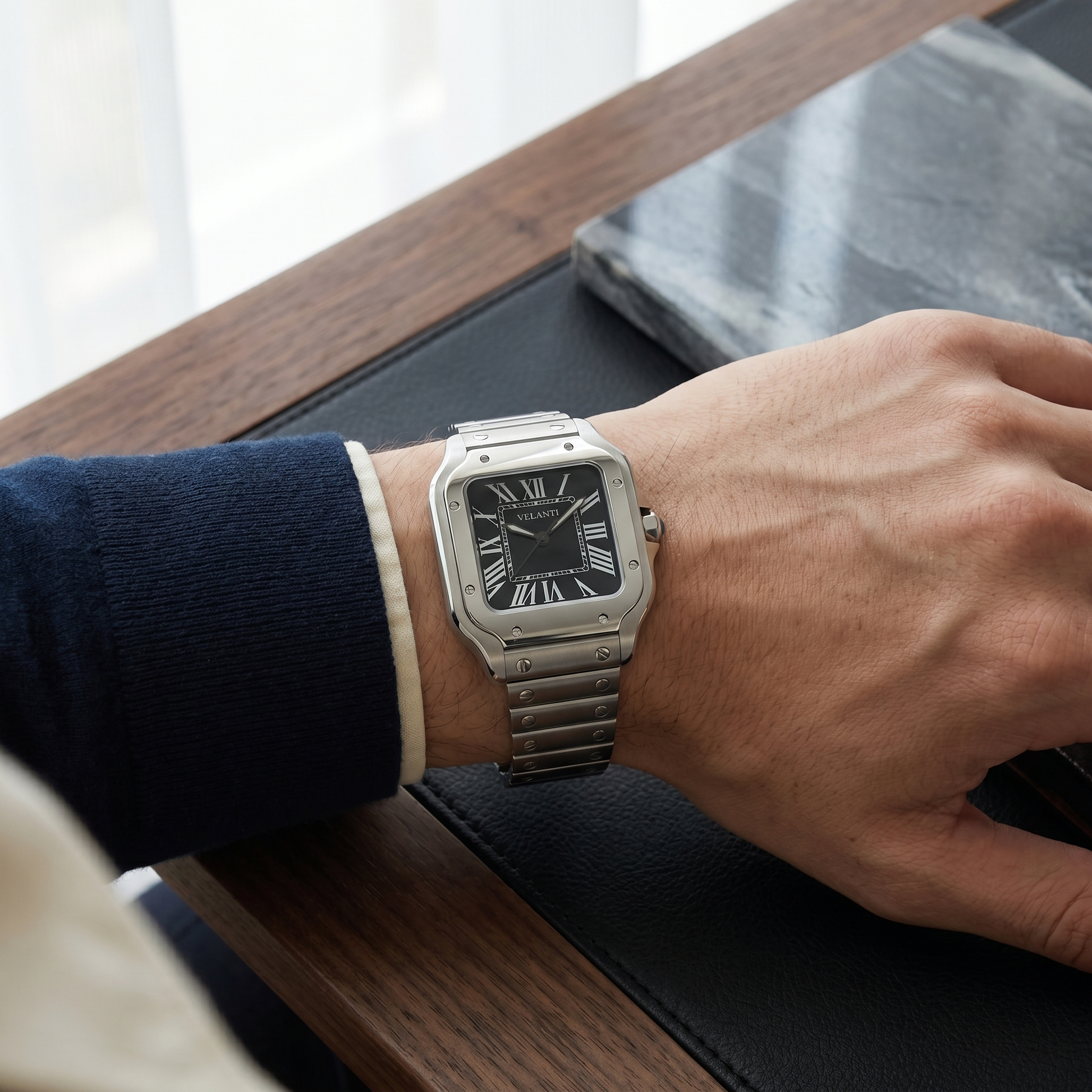 Santos-style automatic watch, Velanti Milano Santvel Black worn on wrist photo 10