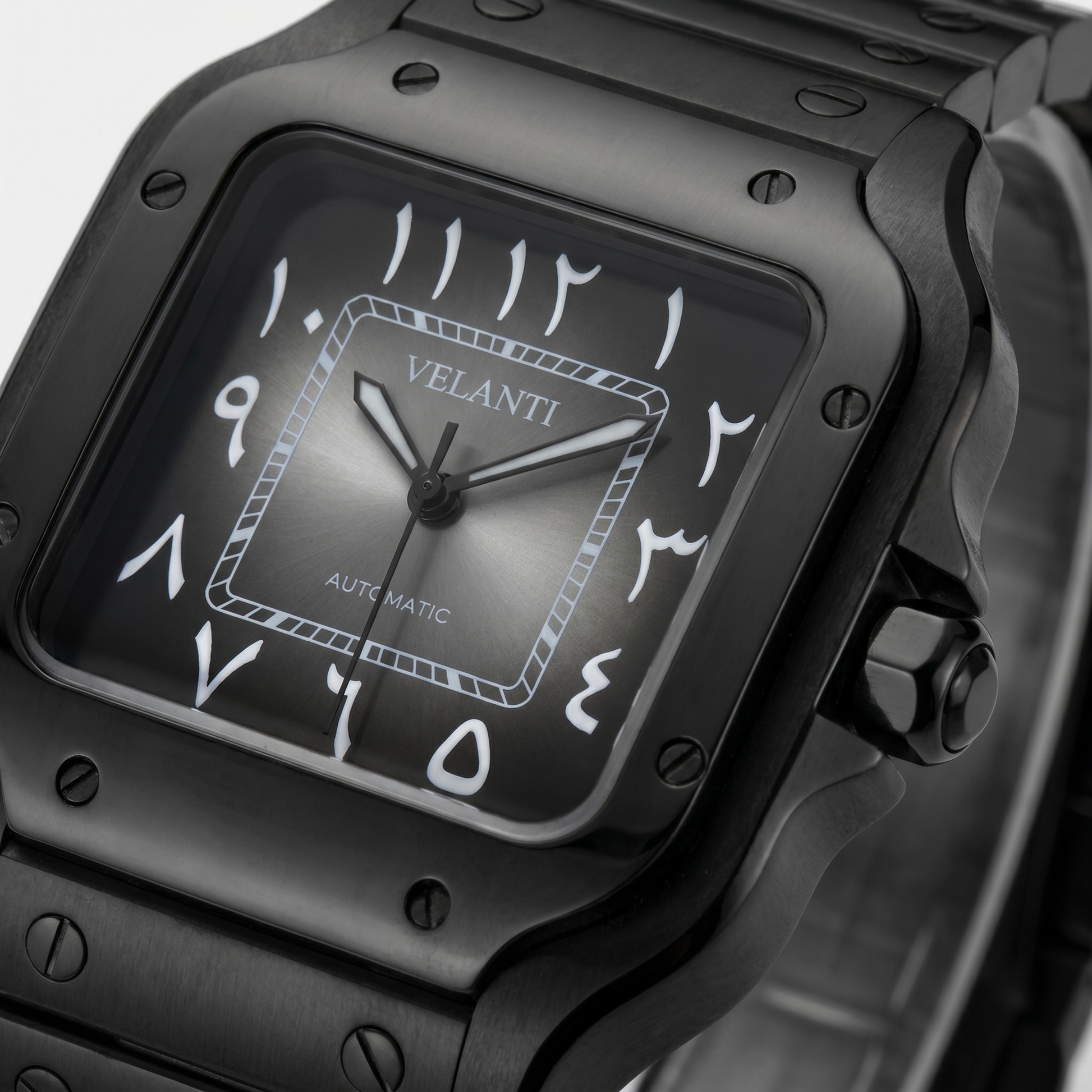 Santos-style automatic watch, Velanti Milano Santvel Black Ghost Arabic, watch detail photo 6