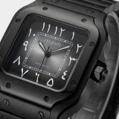 Santos-style automatic watch, Velanti Milano Santvel Black Ghost Arabic, watch detail photo 6