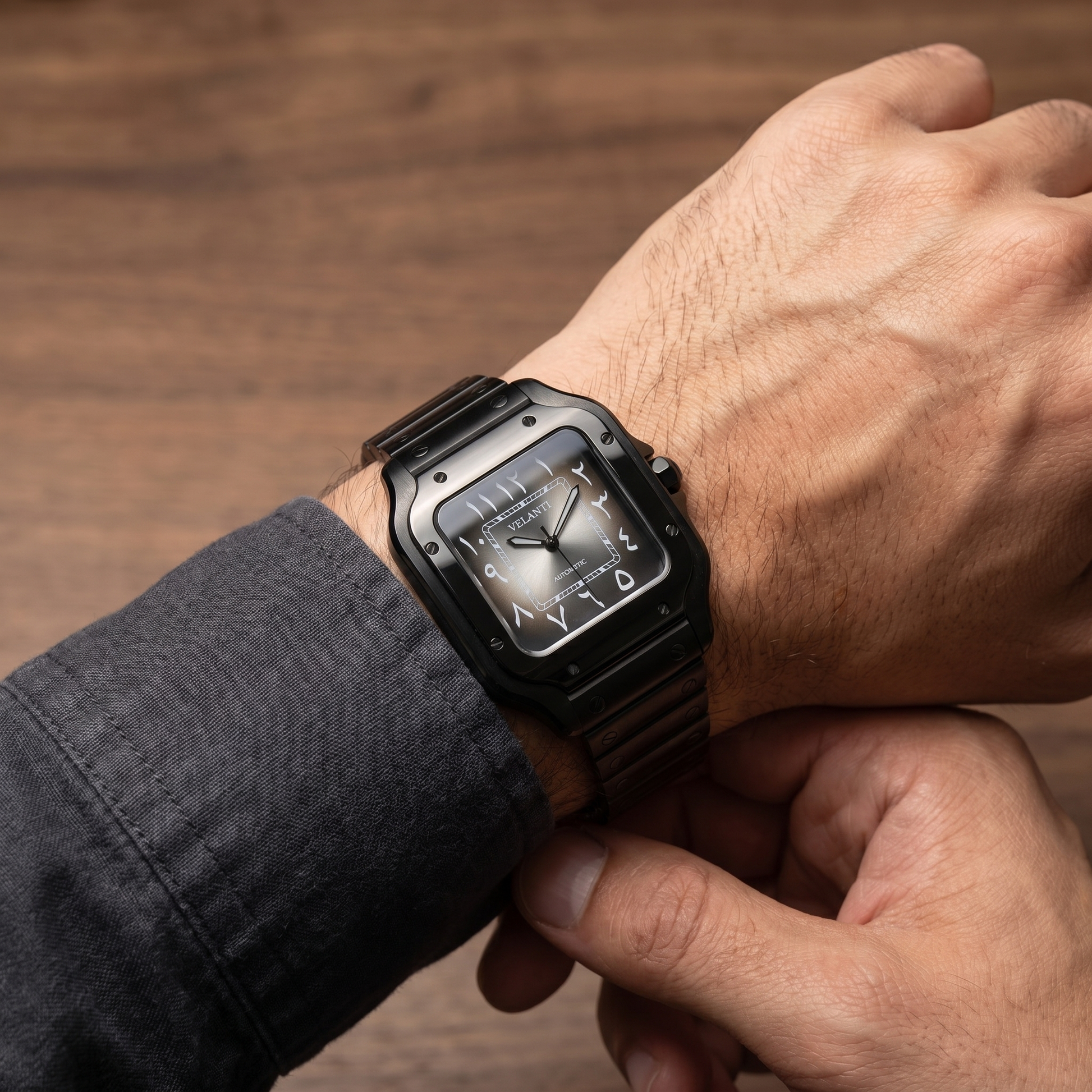 Santos-style automatic watch, Velanti Milano Santvel Black Ghost Arabic worn on wrist photo 7