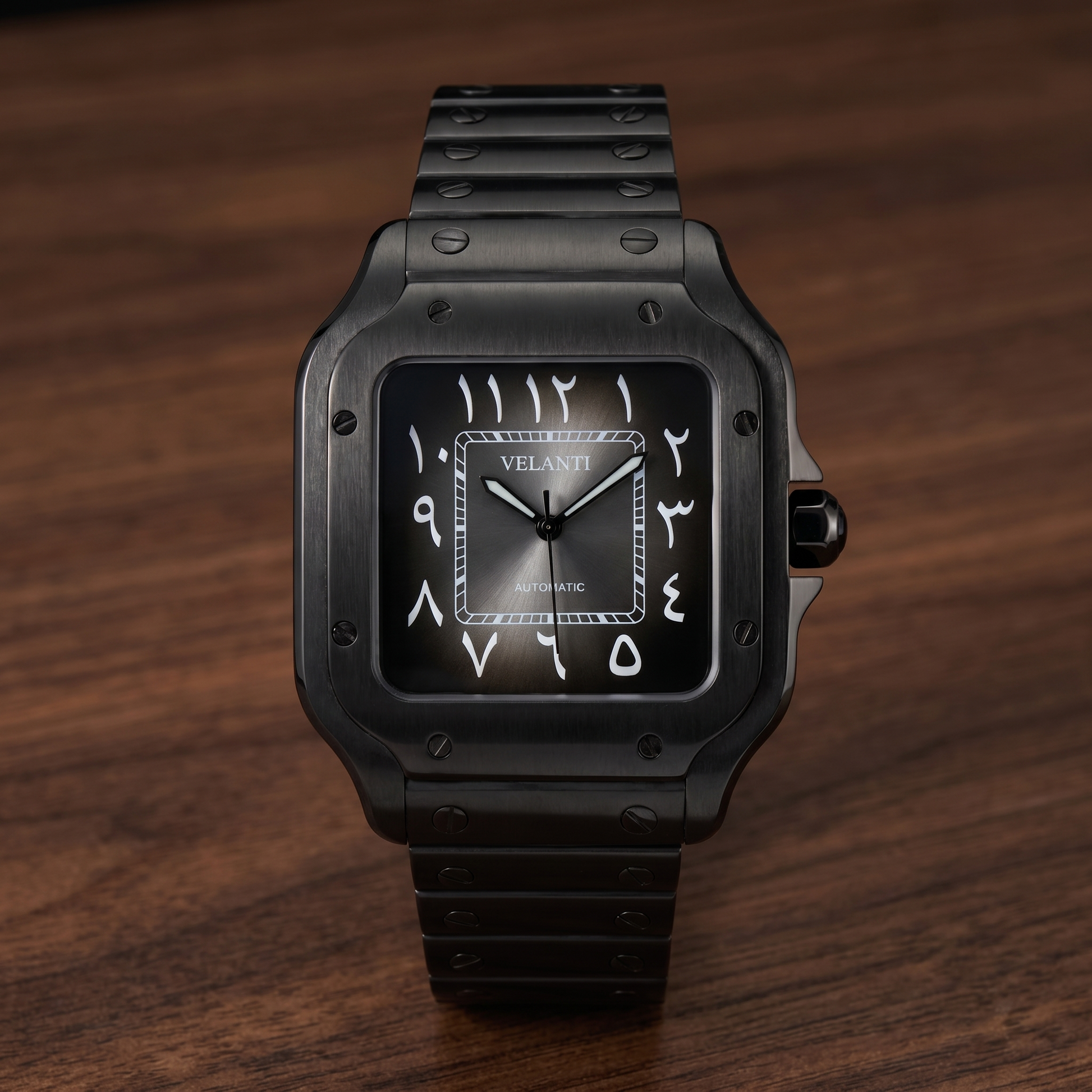 Santos-style automatic watch, Velanti Milano Santvel Black Ghost Arabic, watch detail photo 8