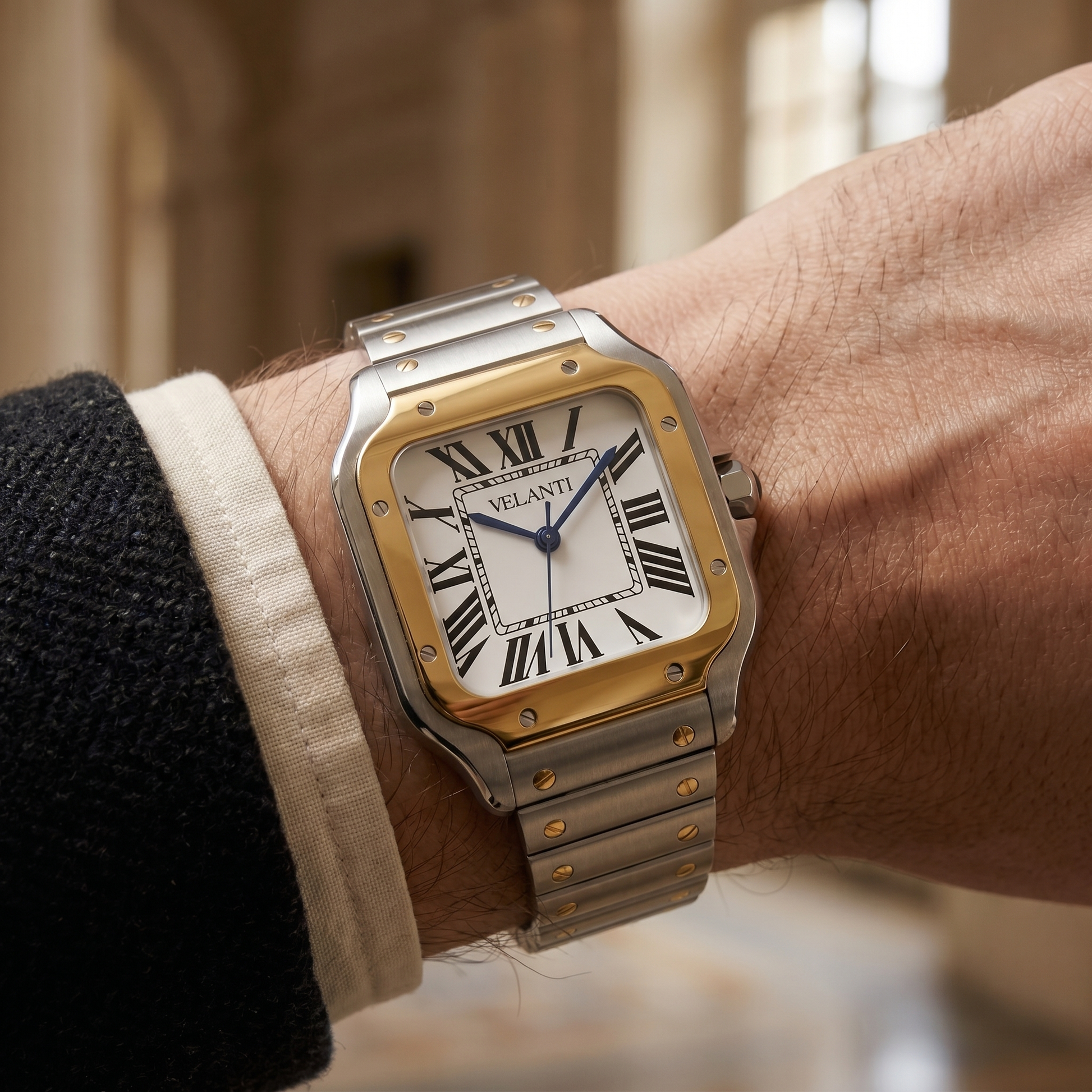 Santos-style automatic watch, Velanti Milano Santvel Gold Silver, product photo 11