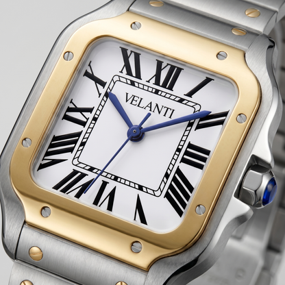Santos-style automatic watch, Velanti Milano Santvel Gold Silver, watch detail photo