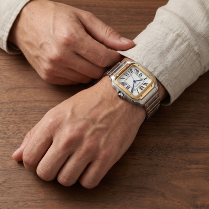 Santos-style automatic watch, Velanti Milano Santvel Gold Silver worn on wrist photo 13