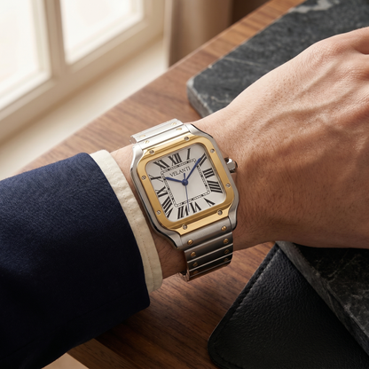 Santos-style automatic watch, Velanti Milano Santvel Gold Silver worn on wrist photo 14