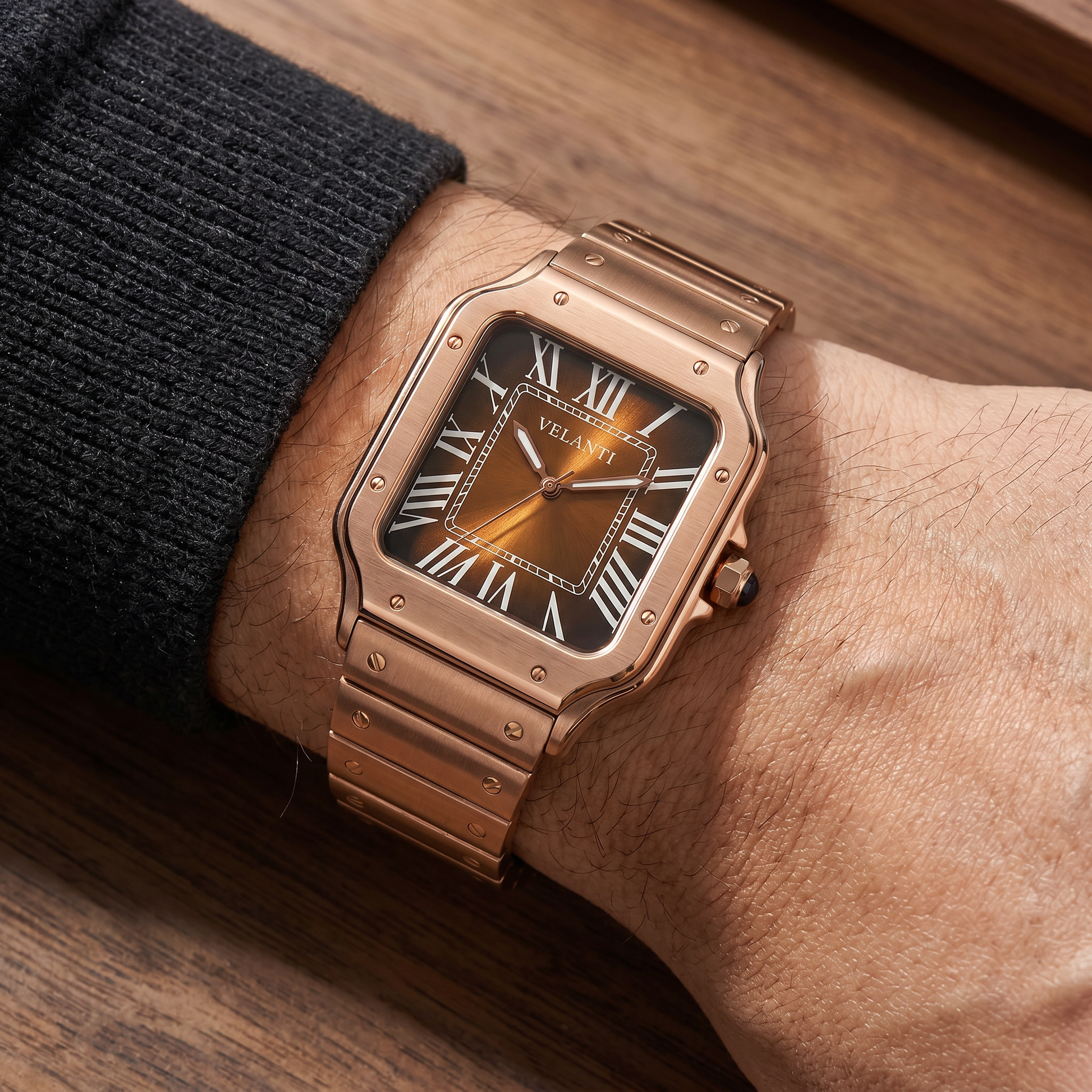 Santos-style custom mod watch, Velanti Milano Santvel Rose Gold Brown worn on wrist photo 4