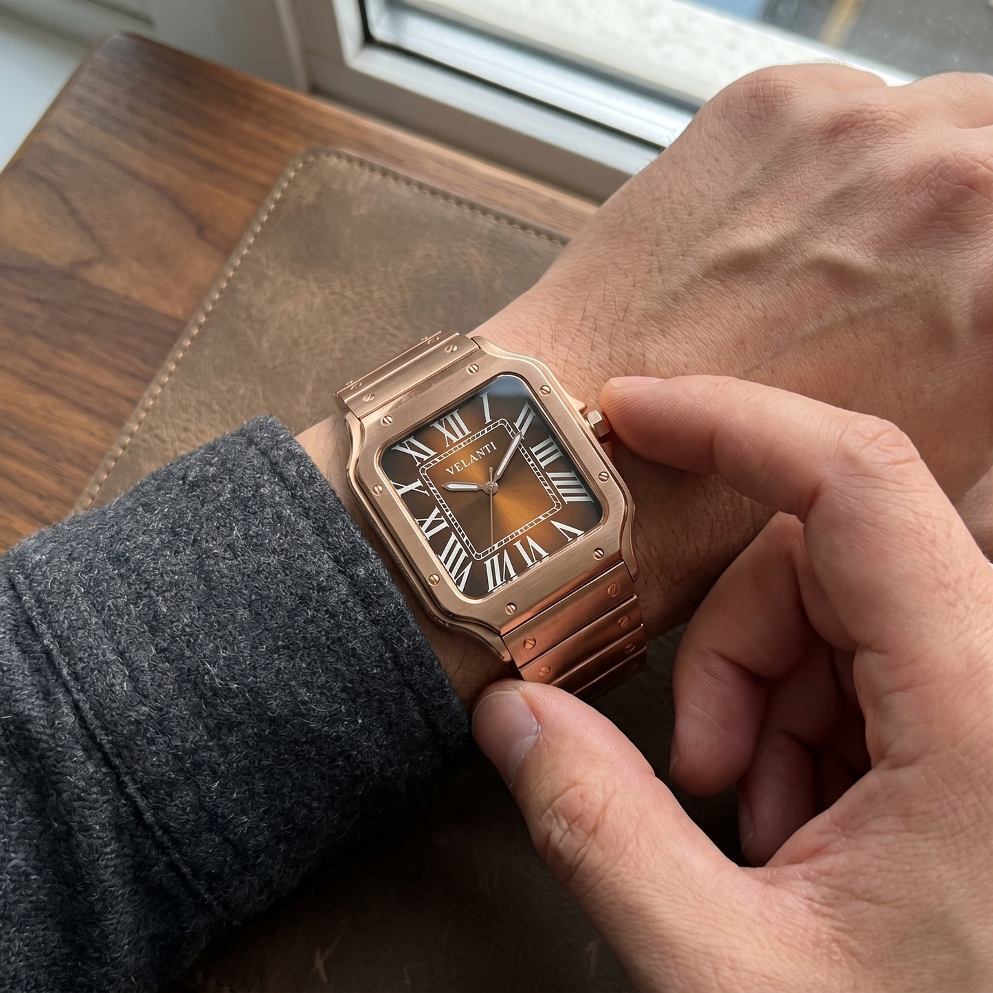 Santos-style custom mod watch, Velanti Milano Santvel Rose Gold Brown worn on wrist photo 8