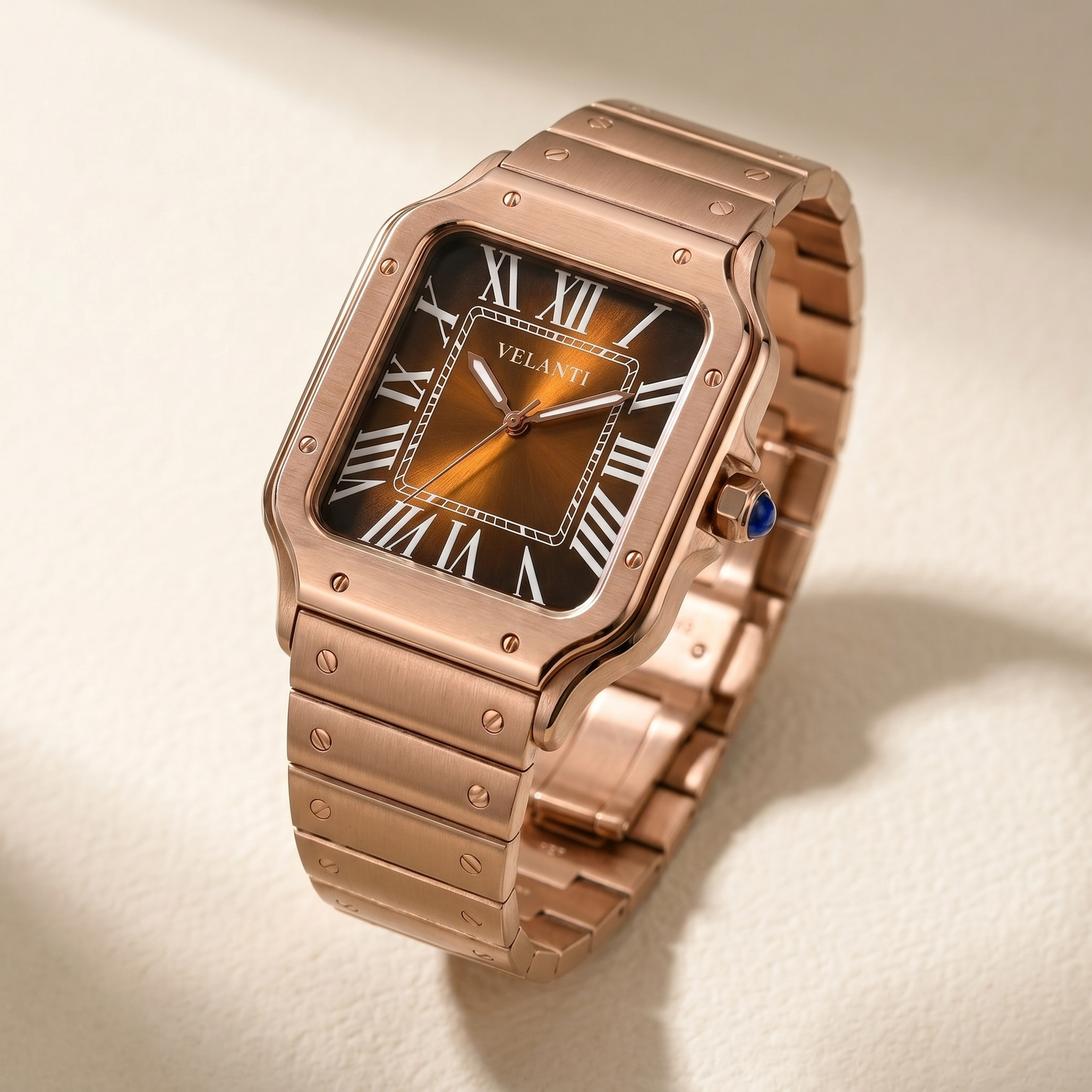 Santos-style custom automatic watch, Velanti Milano Santvel Rose Gold Brown, watch detail photo 9
