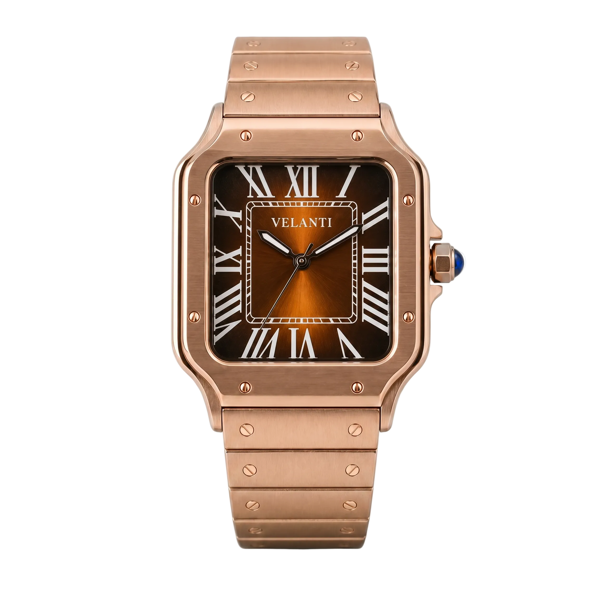 Santos-style custom mod watch, Velanti Milano Santvel Rose Gold Brown, main product photo