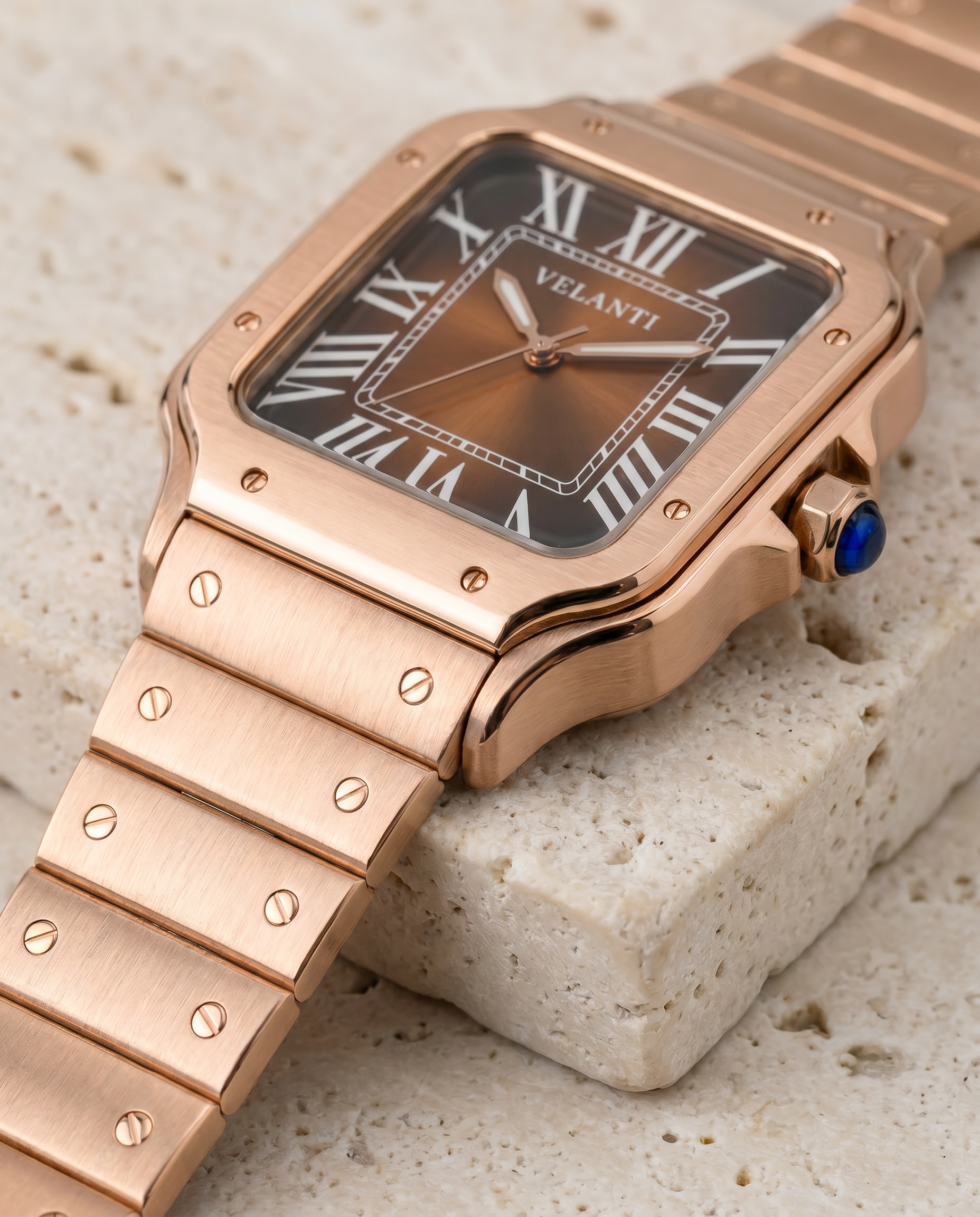 Santos-style custom mod watch, Velanti Milano Santvel Rose Gold Brown, product photo 3