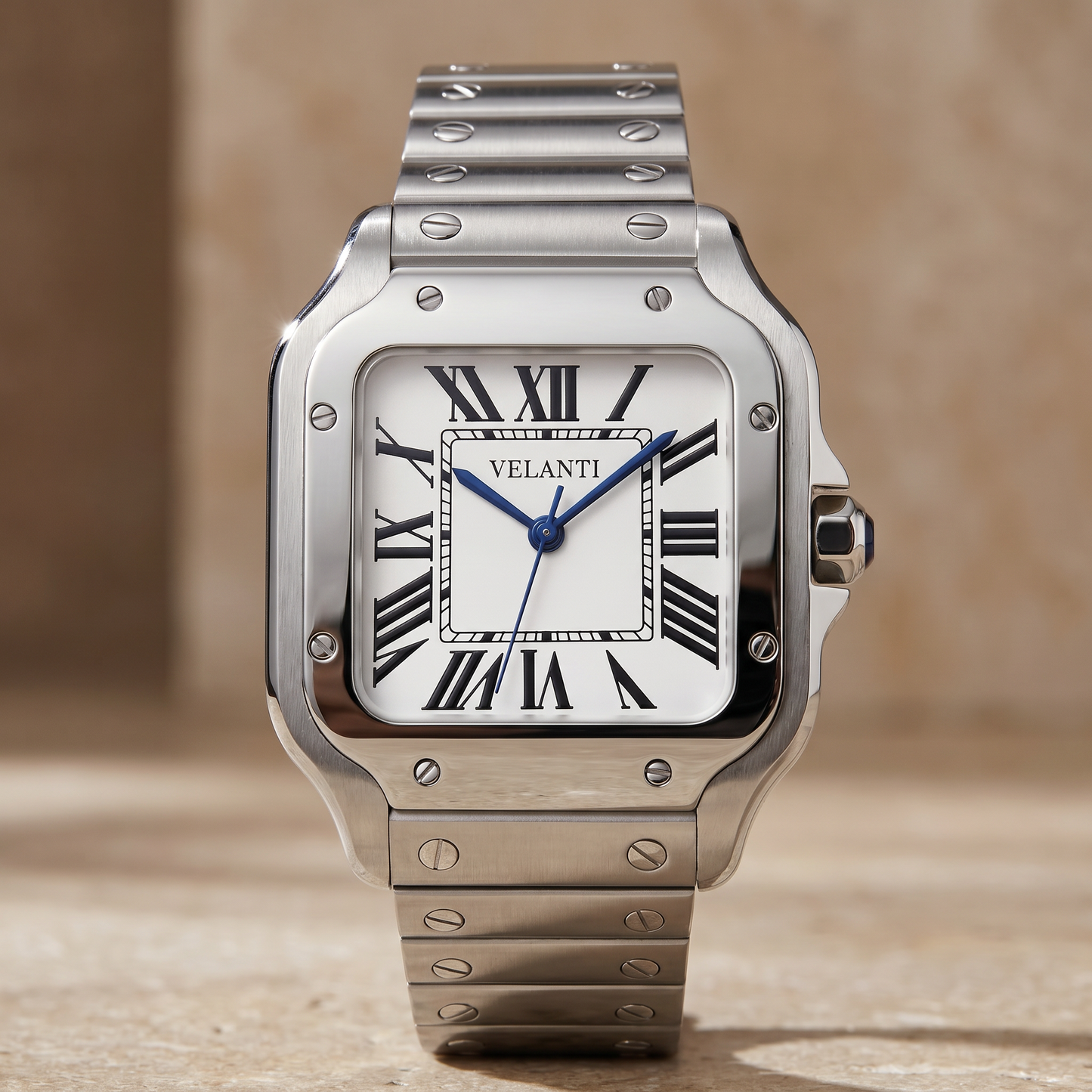 Santos-style custom automatic watch, Velanti Milano Santvel White, watch detail photo 13
